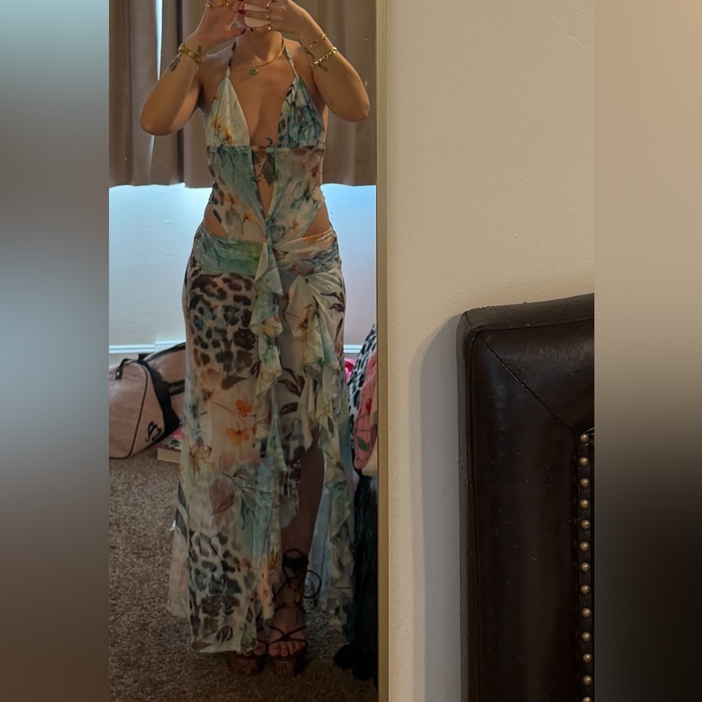 SHEIN Teal and Beige Floral Leopard Halter Maxi Dress